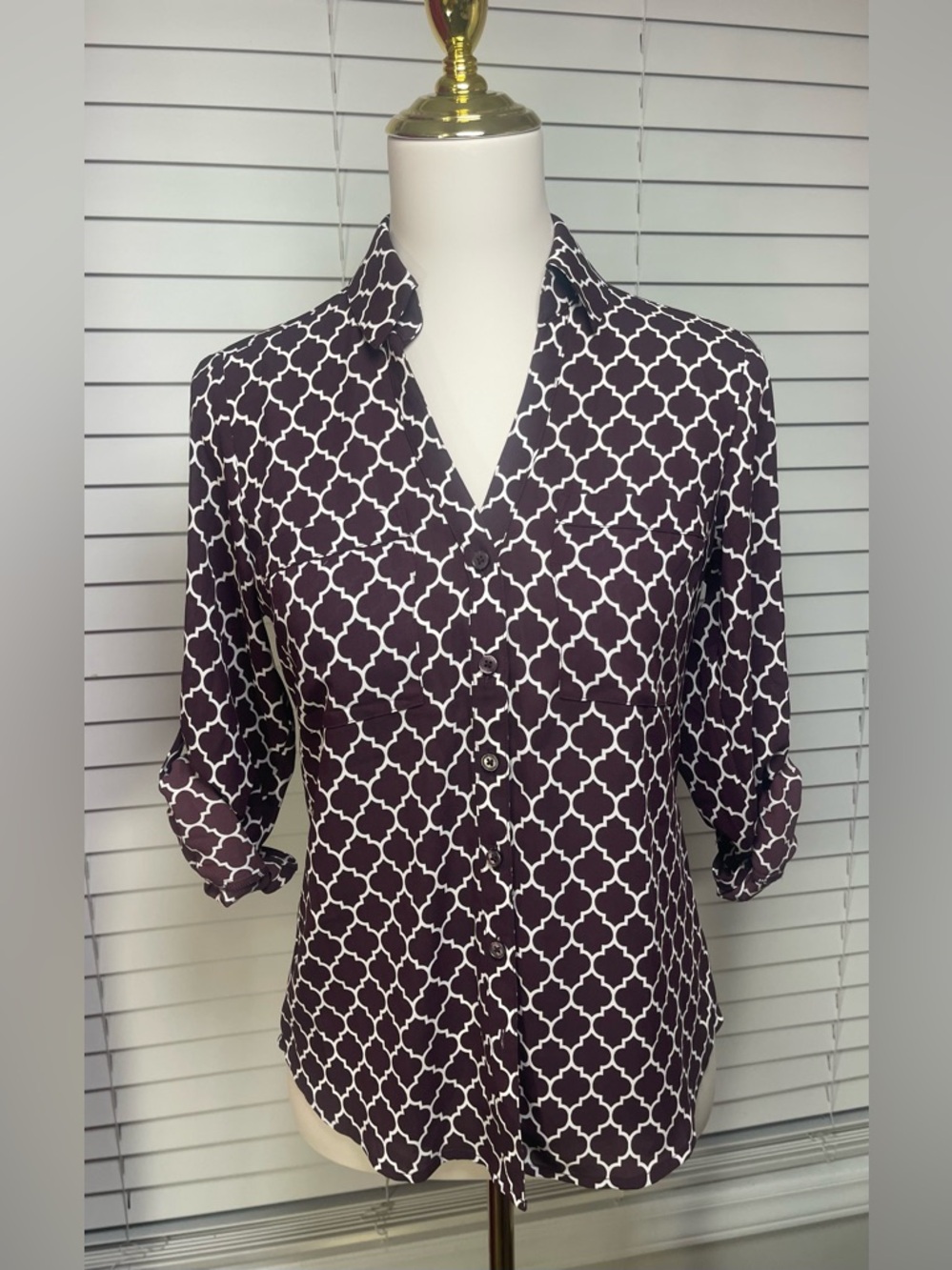 Express wine and White Geometric Button-Down Shirt